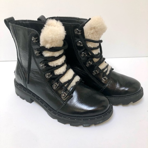 Women’s Sorel Lennox Cozy Sherpa Lace Black Patent Leather Chunky Boots US 7 - Picture 2 of 12